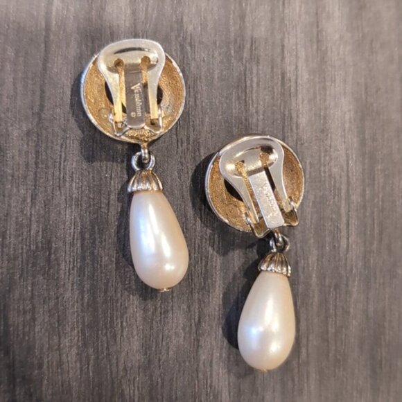 Vendôme 1970s Vintage Jewelry Set Pearl Necklace Clip On Earrings Enamel Gold - Picture 5 of 9